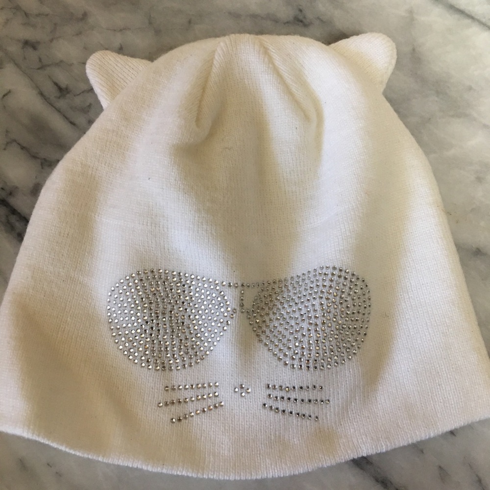 Karl Lagerfeld Cat Ear Knit Beanie with Rhinestone Glasses